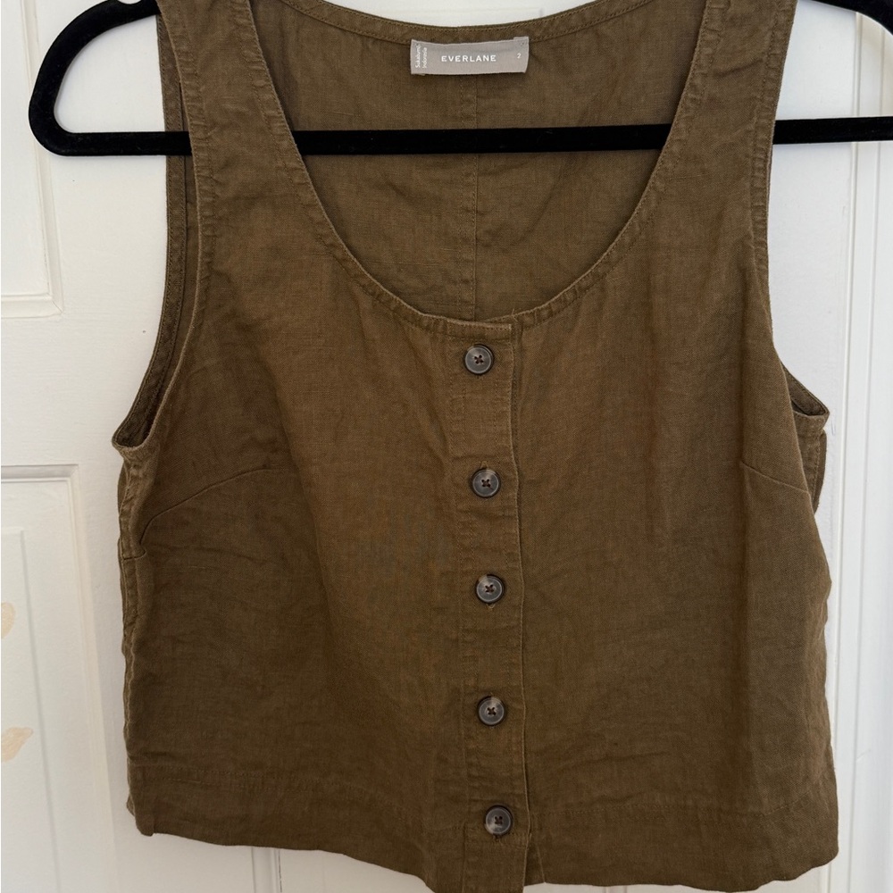 Everlane Khaki Olive Green 100% Linen Cropped Sleeveless Button-Down